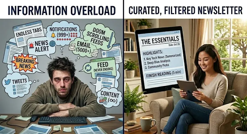 Illustration showing information overload on one side and someone reading a curated newsletter on the other