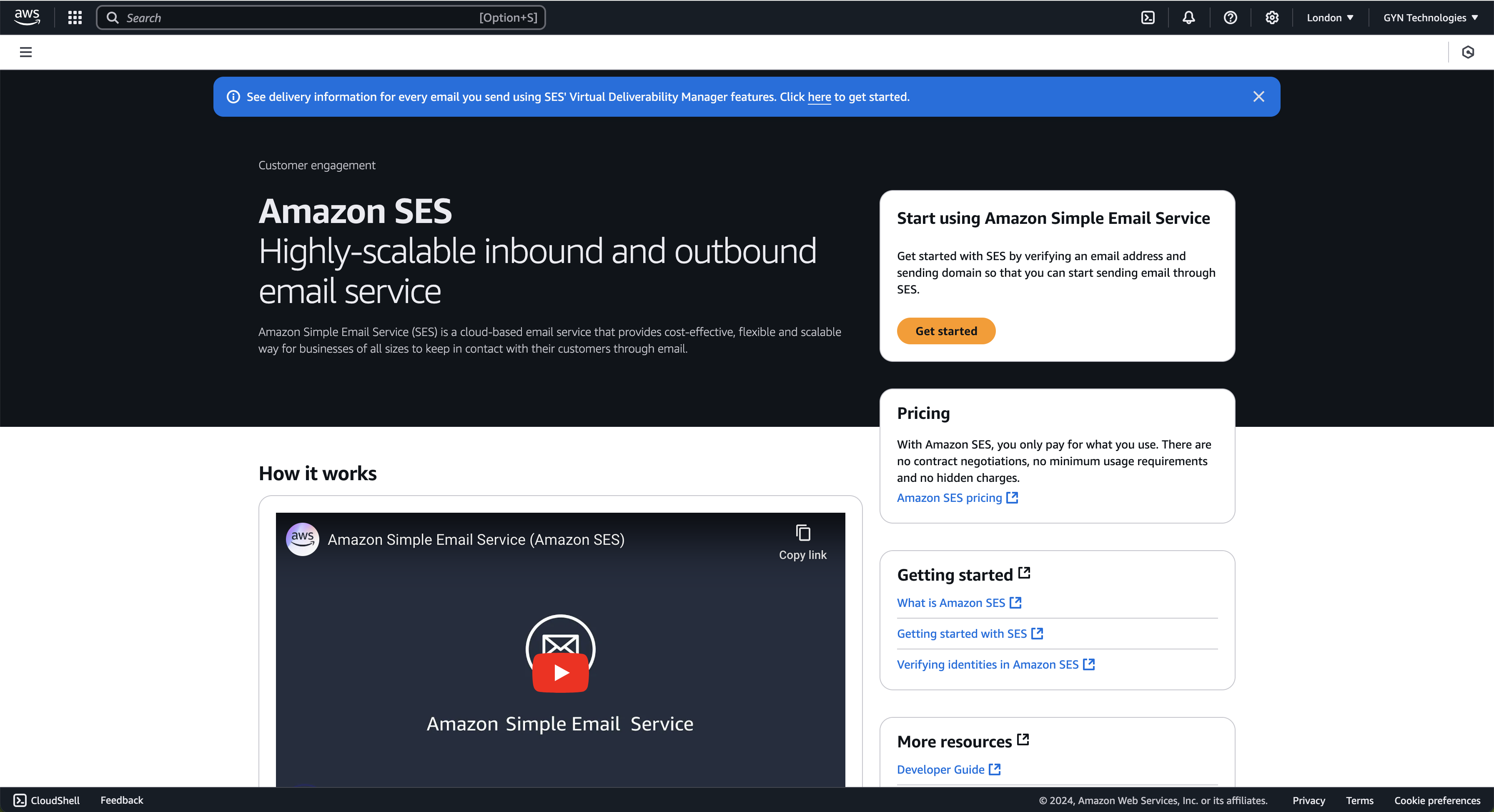 AWS SES console homepage with the menu highlighted