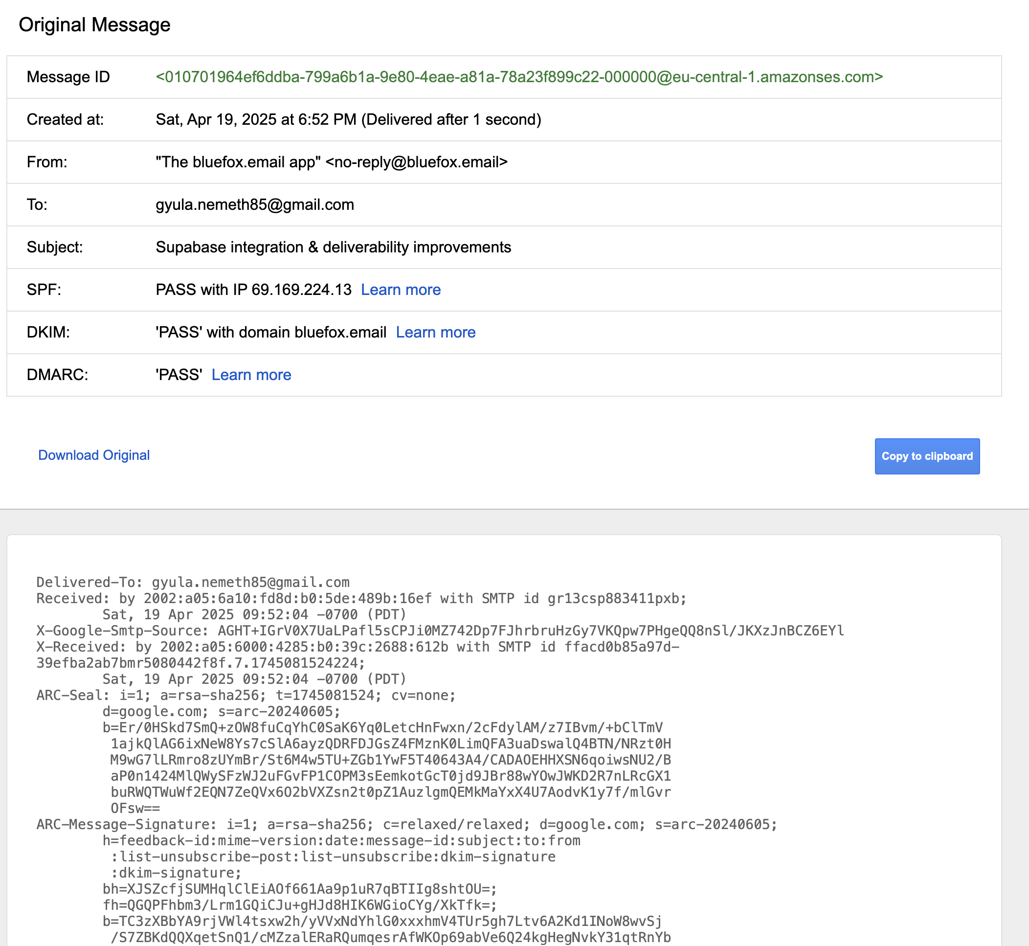 Screenshot of email headers in Gmail