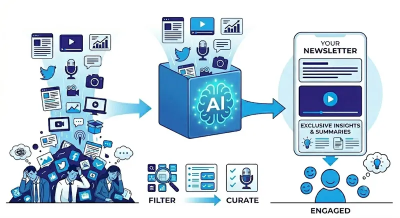 Diagram showing AI filtering and curating content from multiple sources into a newsletter