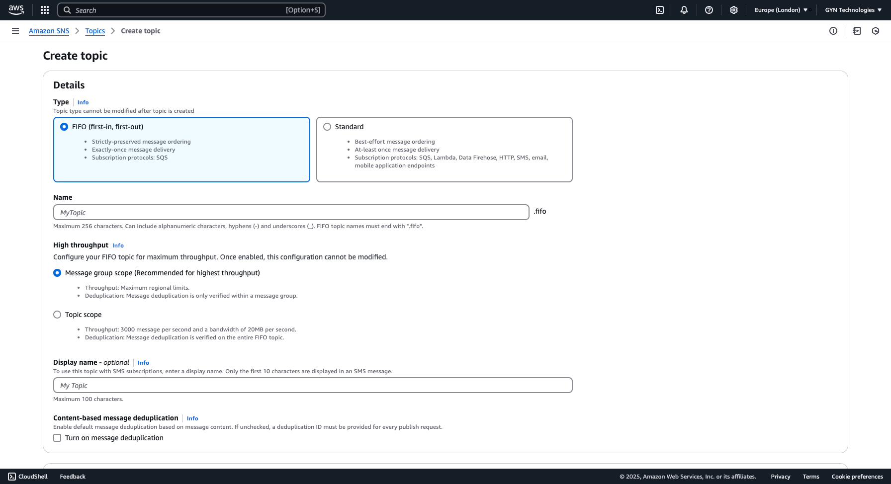 Amazon SNS topic creation page showing various settings