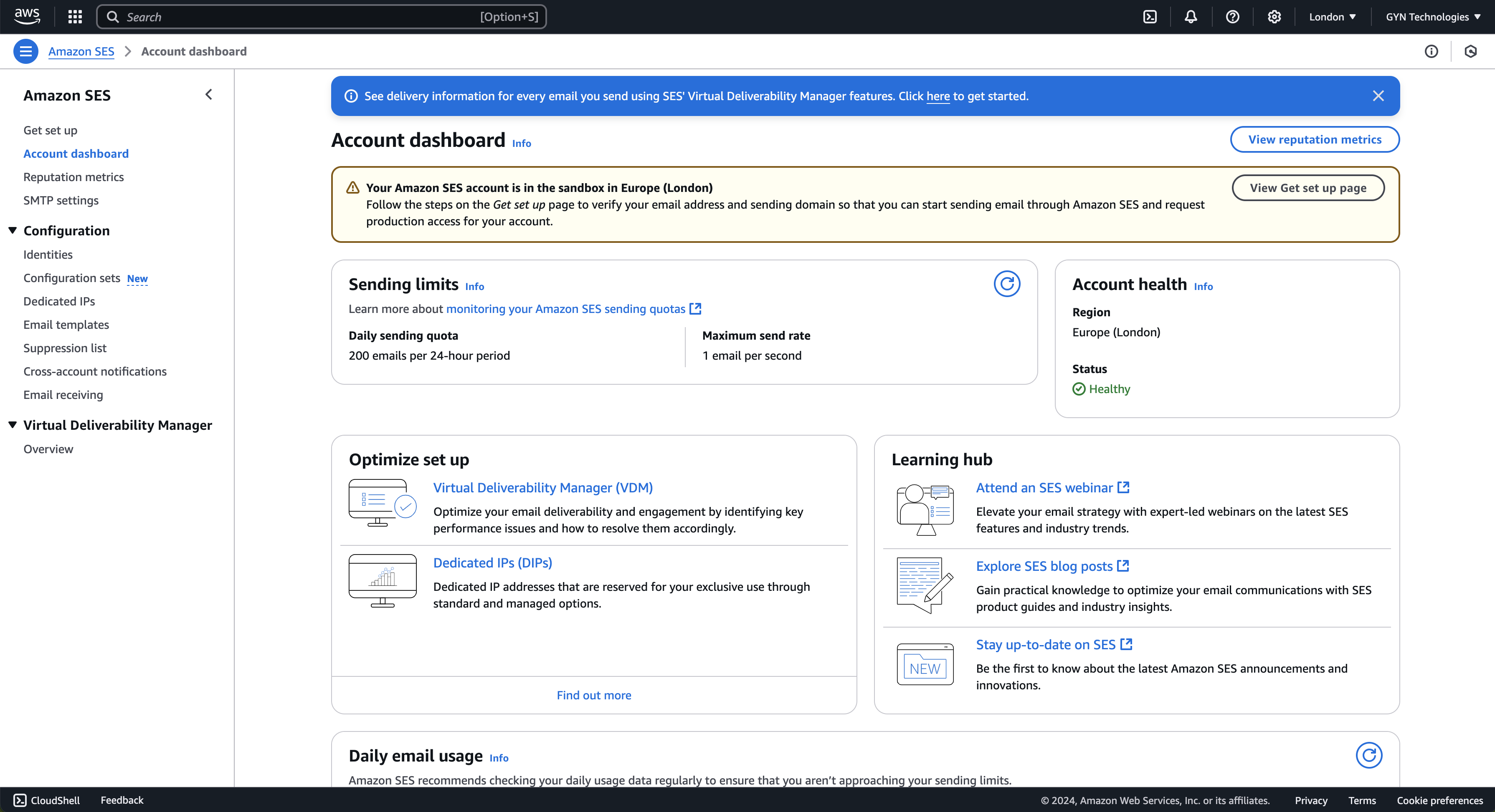 SES account dashboard showing sandbox status