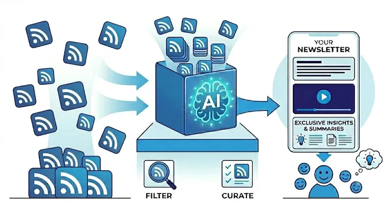 Diagram showing multiple RSS feeds being combined and filtered into a single curated newsletter