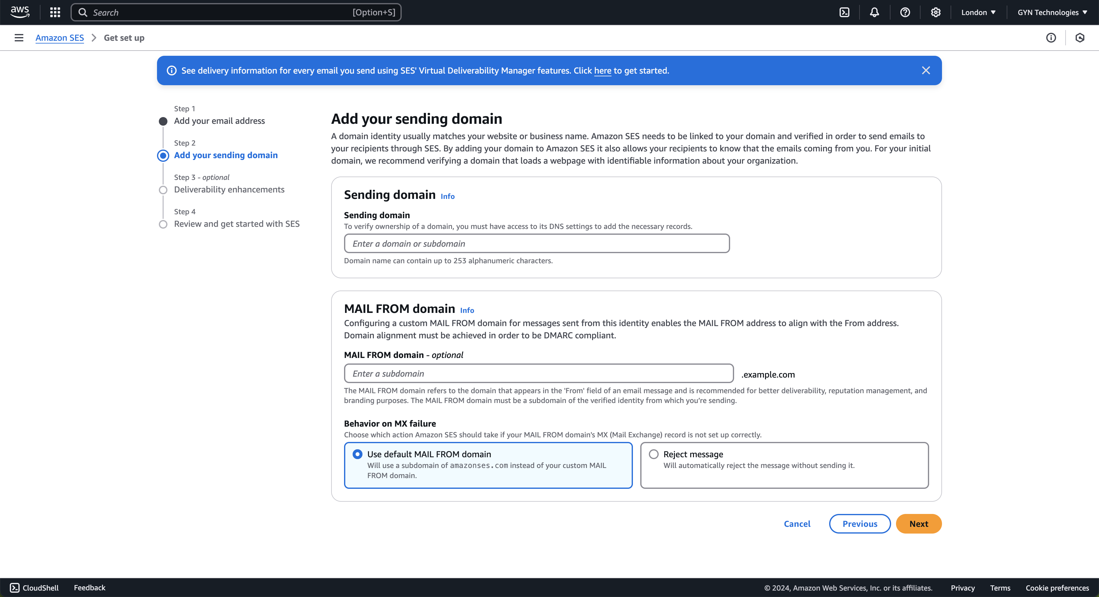 Sending domain information setup screen in SES