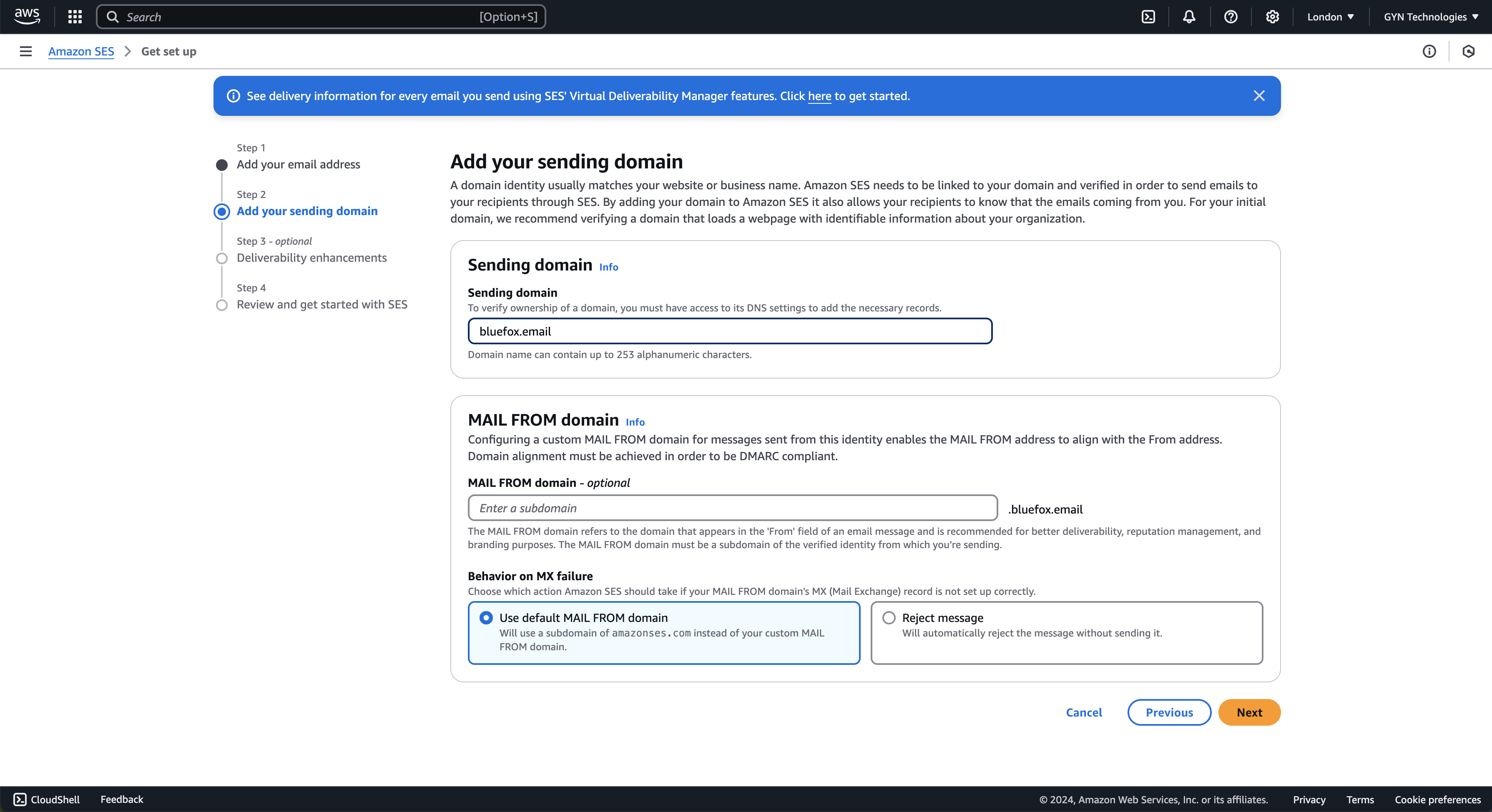 SES sender domain input field