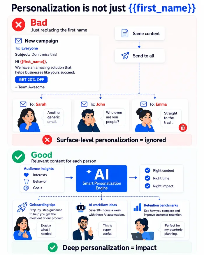 Illustration of AI-powered newsletter personalization for different subscriber segments