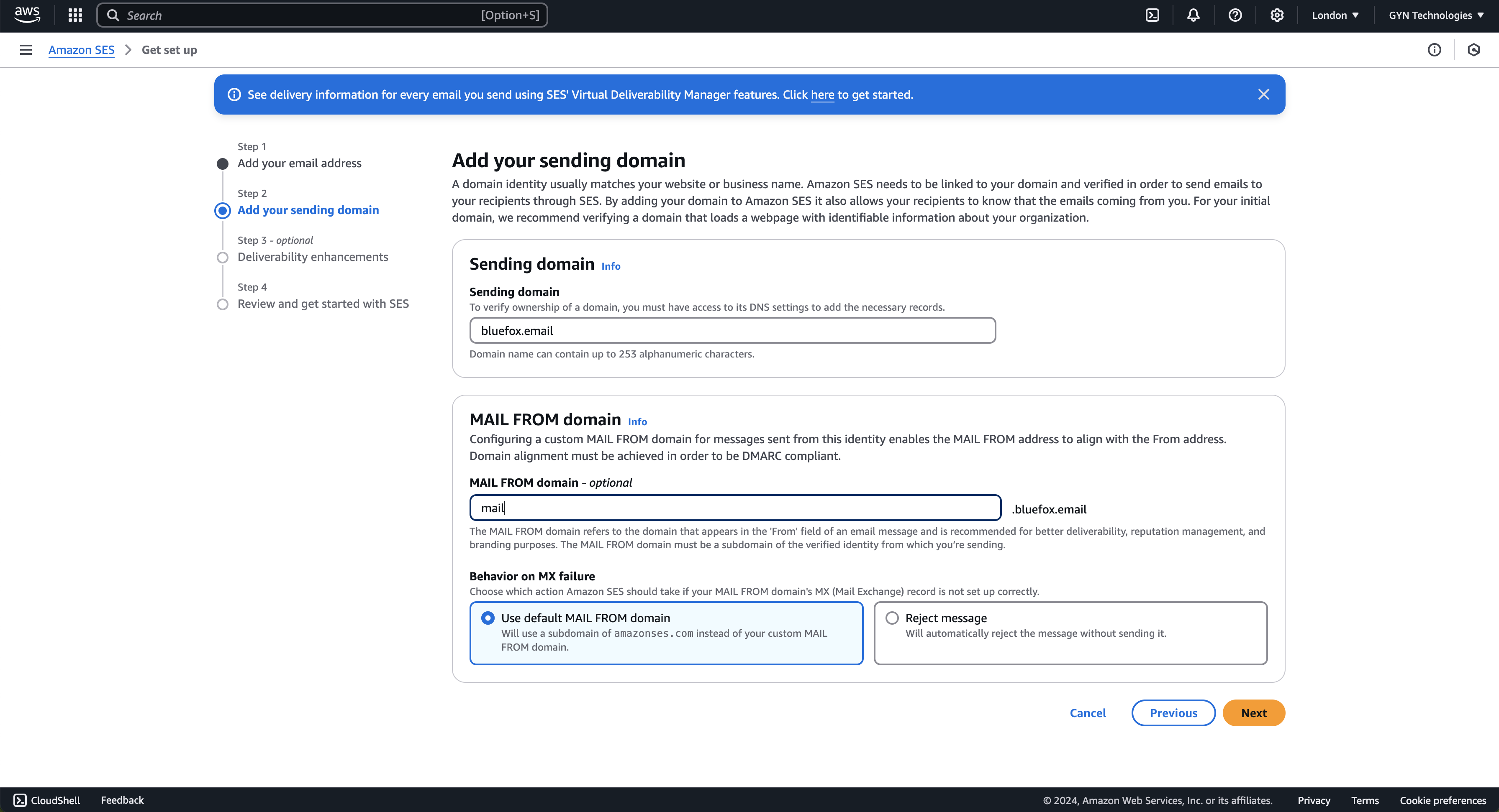 MAIL FROM subdomain configuration screen in SES