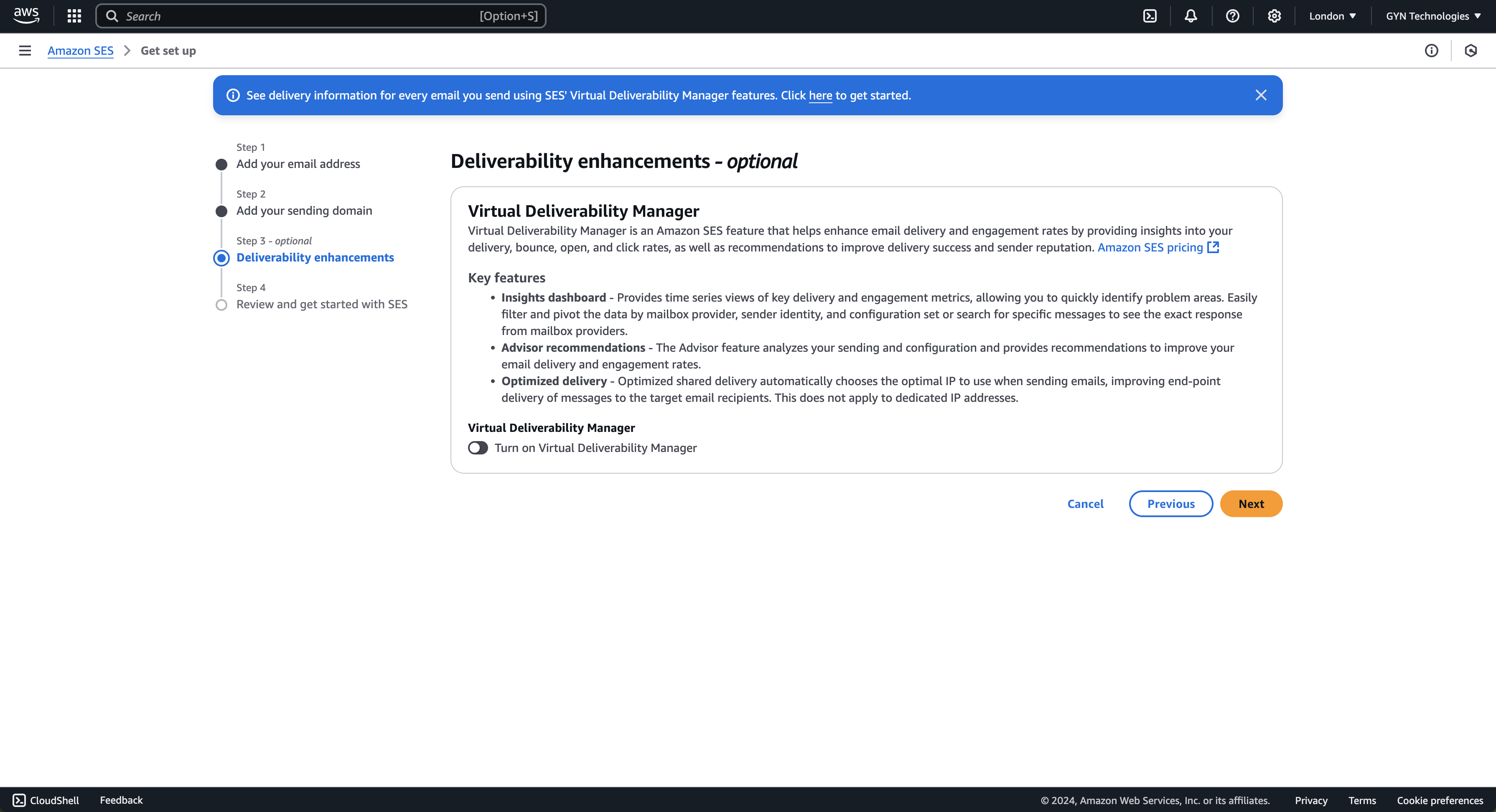 SES virtual deliverability manager setup screen