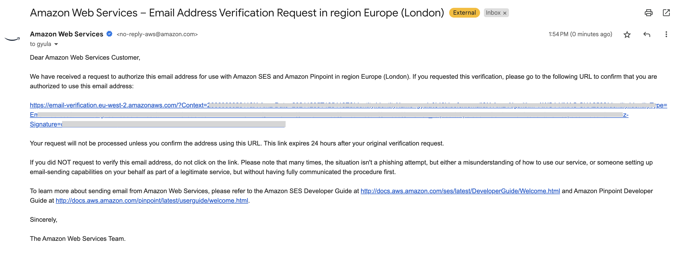 Email from AWS SES for address verification