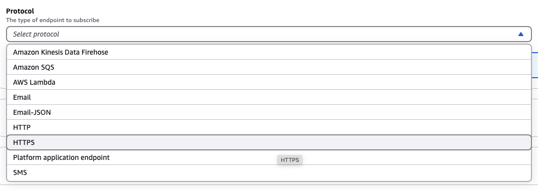 Selecting HTTPS as protocol in SNS subscription settings