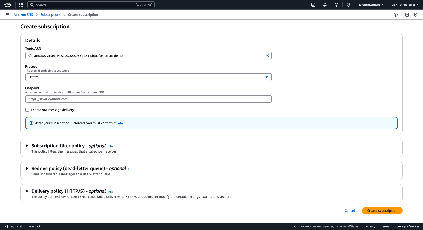 Entering webhook URL in SNS subscription settings