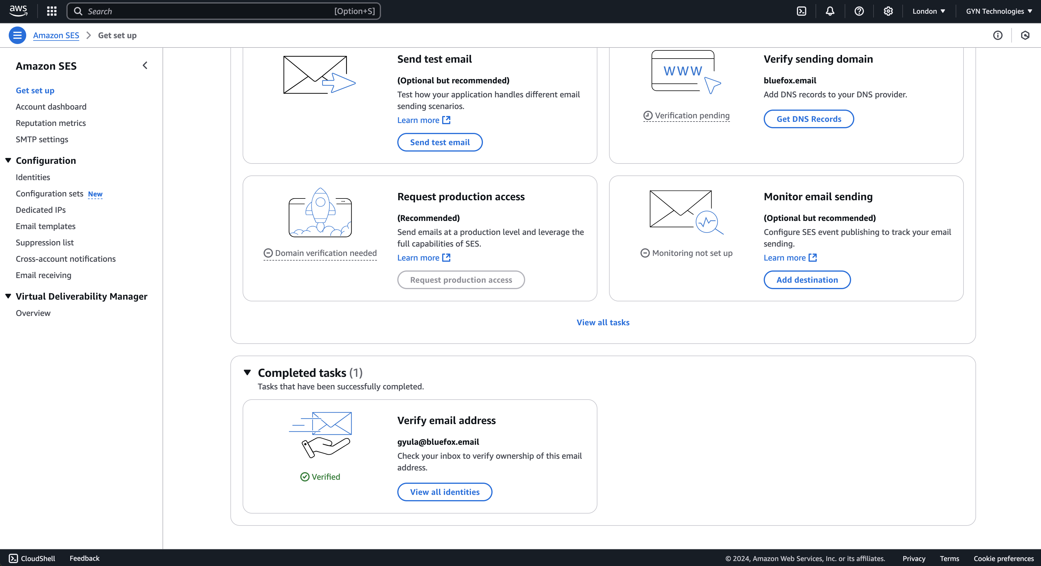 SES completed tasks section showing verified email address