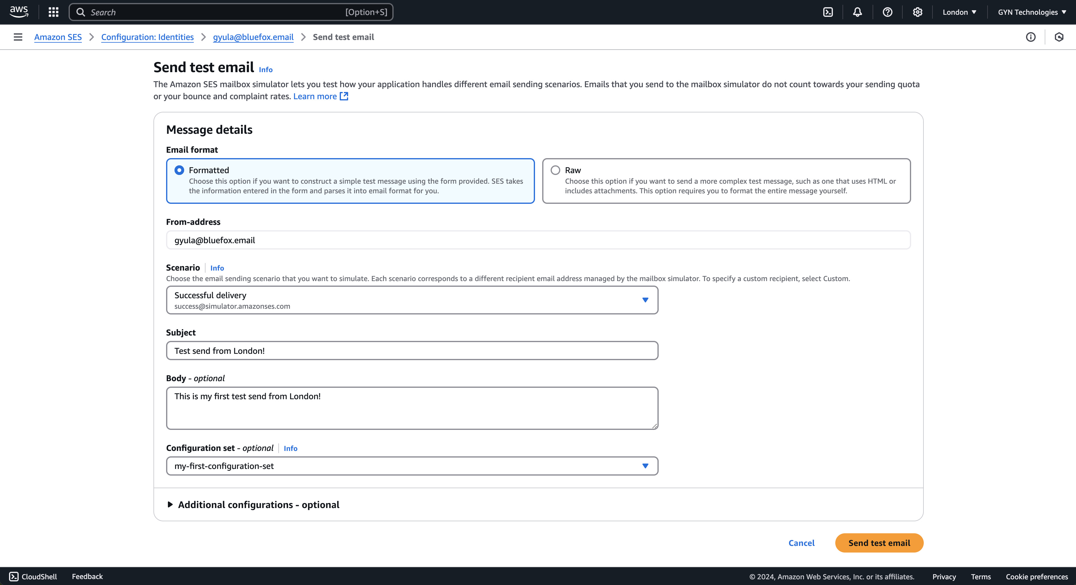 Test email form in SES with fields for custom settings