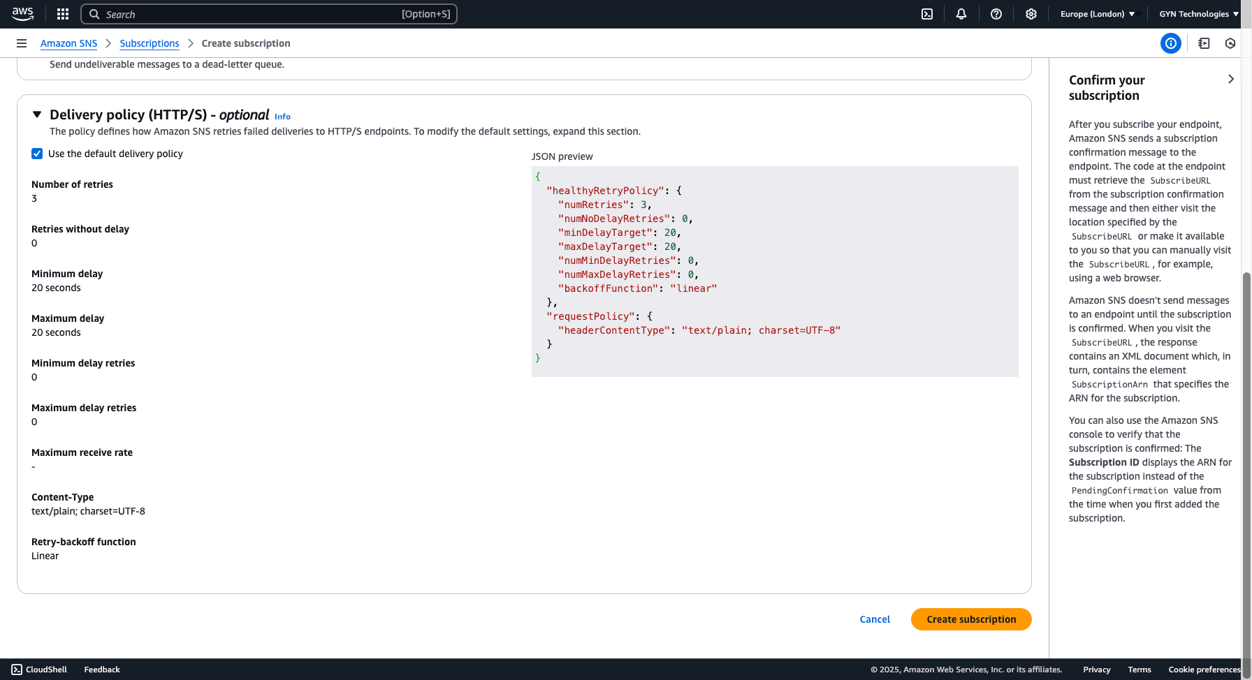 Changing Content-Type to application/json in SNS delivery policy