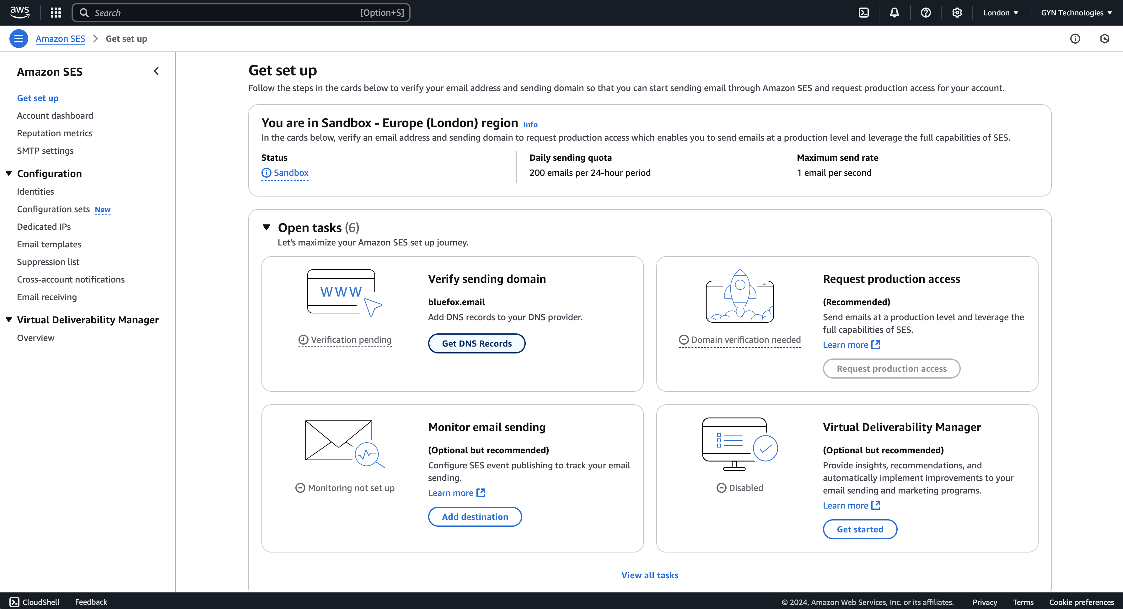 SES get DNS records button in open tasks section