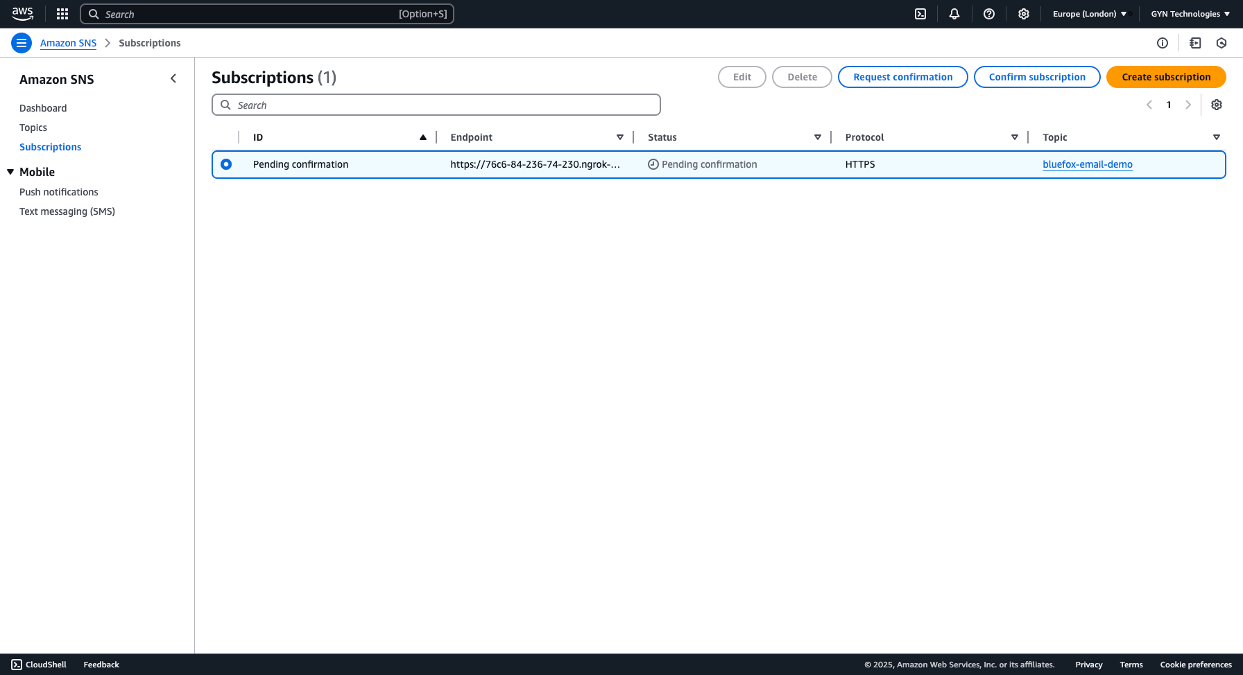 Confirm subscription button in AWS SNS UI