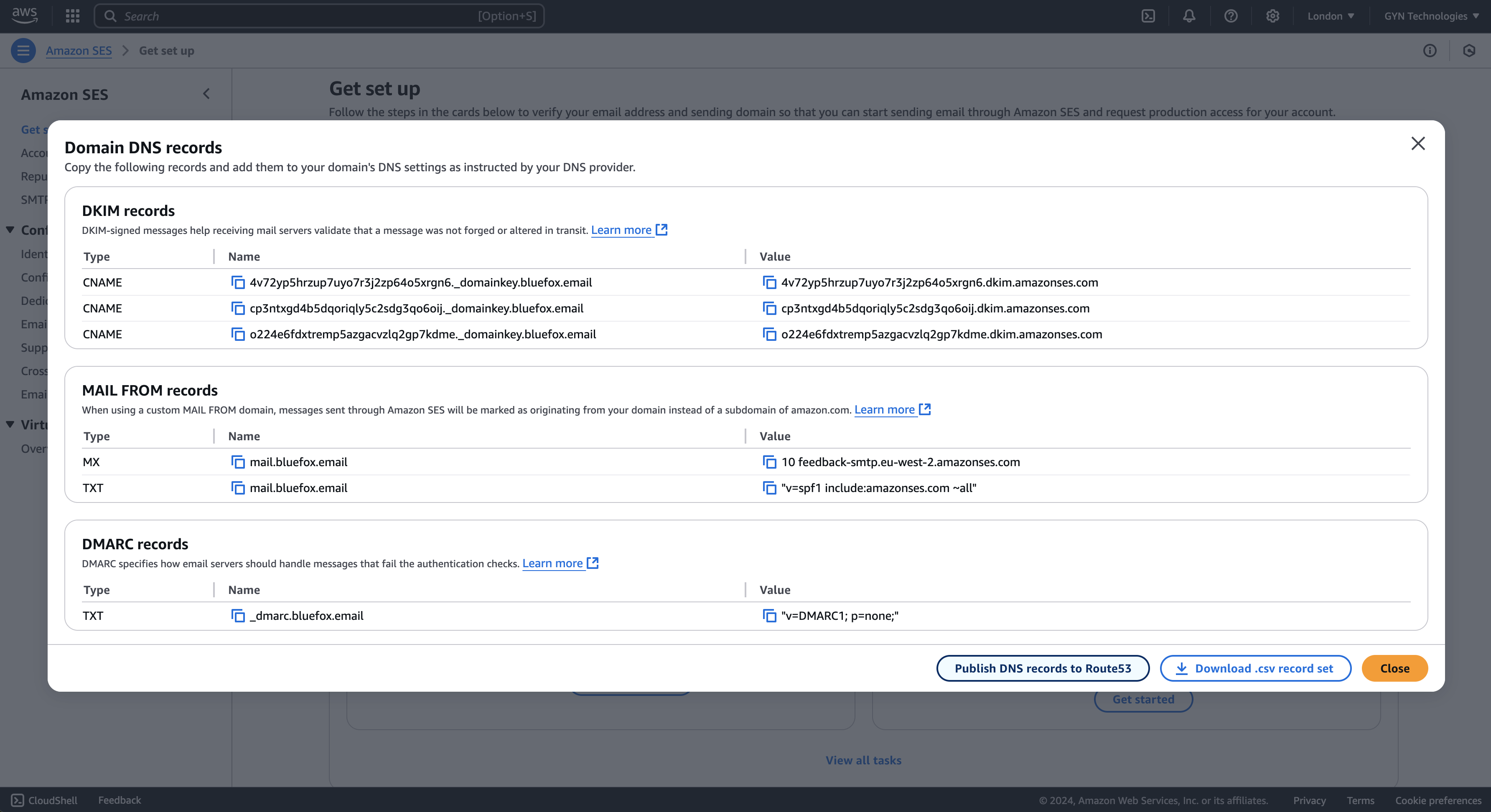 DNS records list provided by SES for domain verification