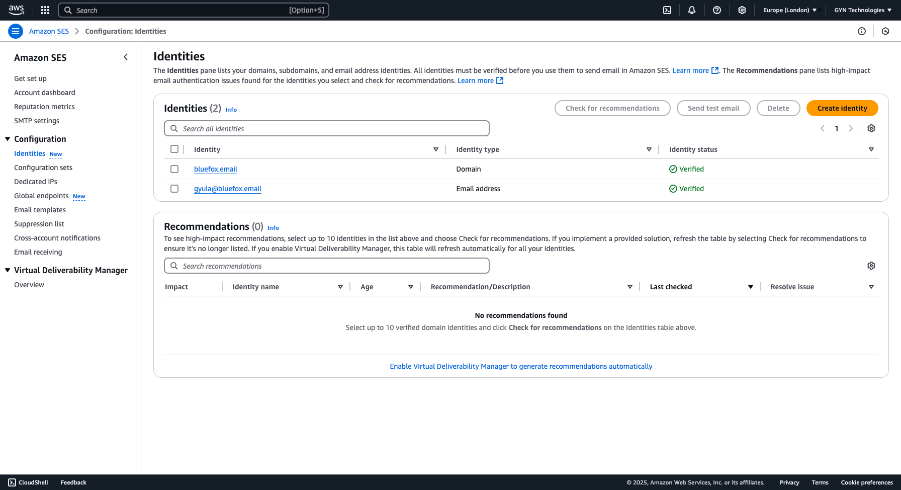 Selecting identities in AWS SES