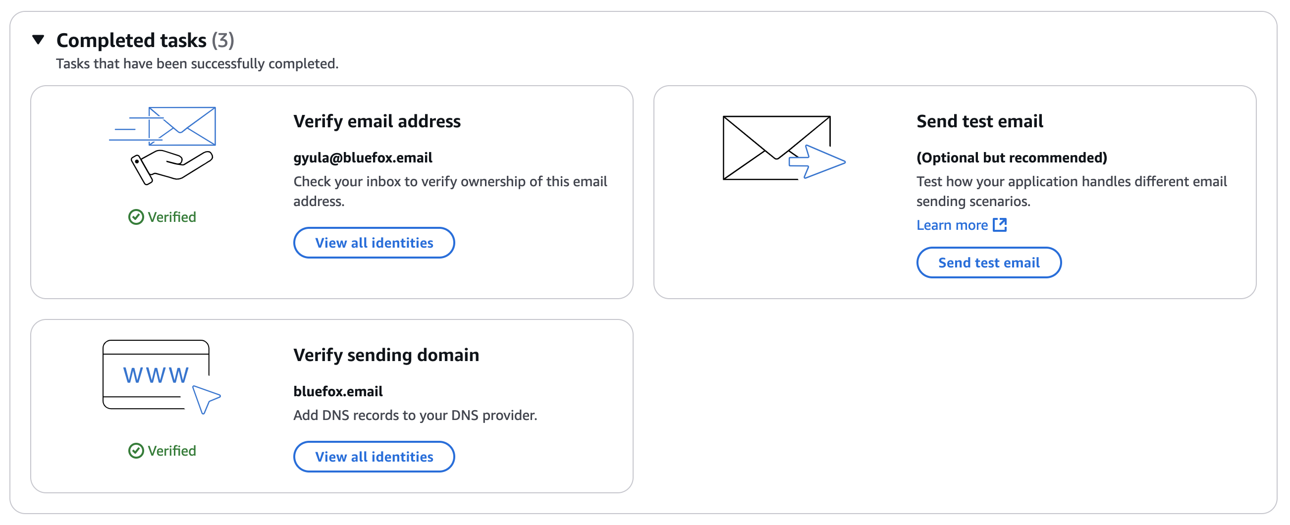 SES completed tasks section showing verified domain