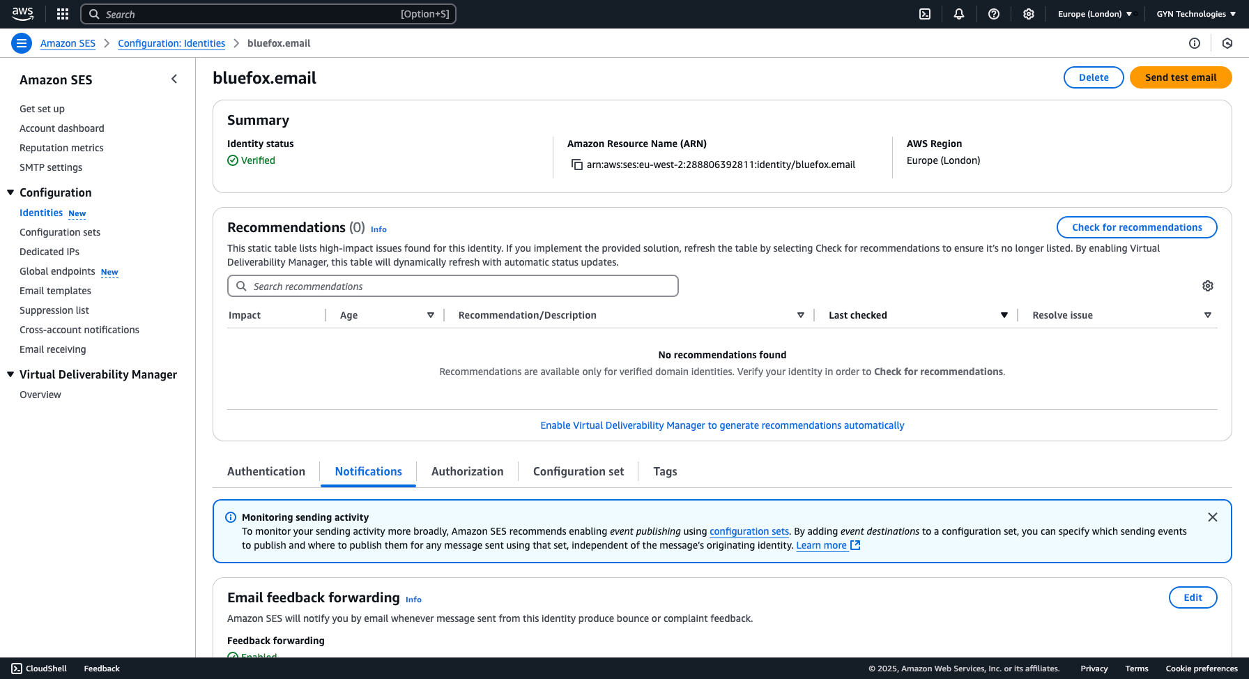 Navigating to the Notifications tab in AWS SES