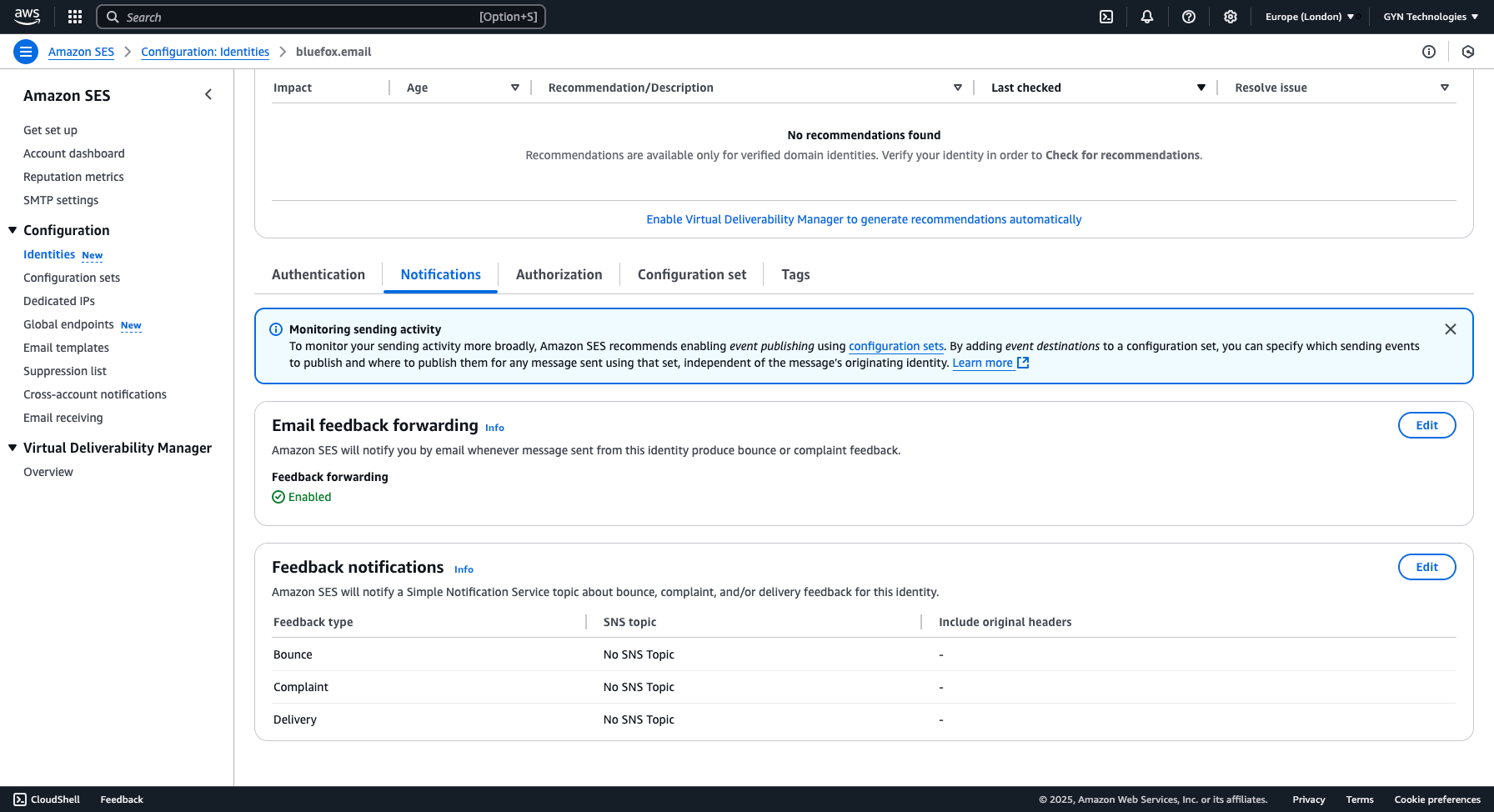 Editing feedback notifications in AWS SES