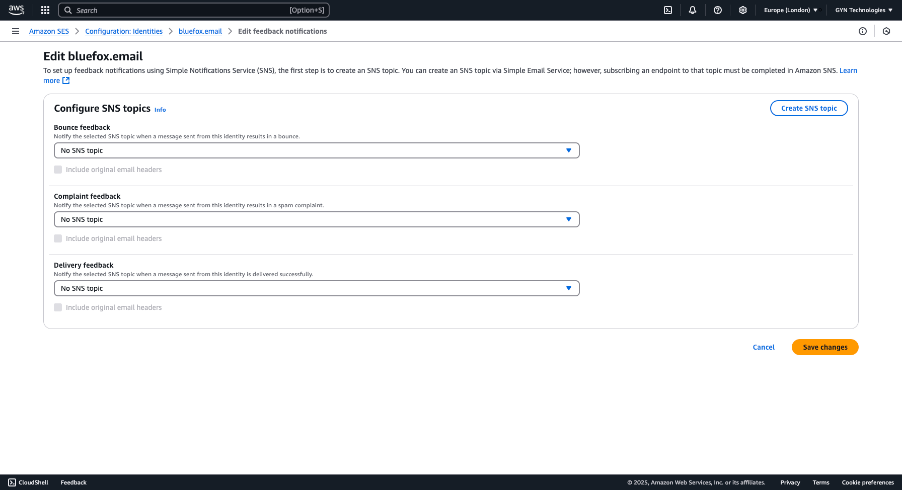 Assigning SNS topics for bounce and complaint notifications