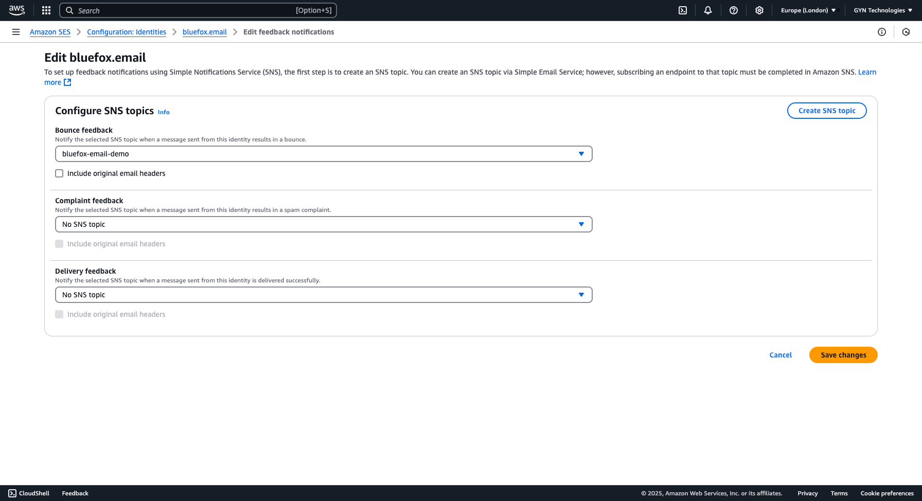 Selecting SNS topics in AWS SES