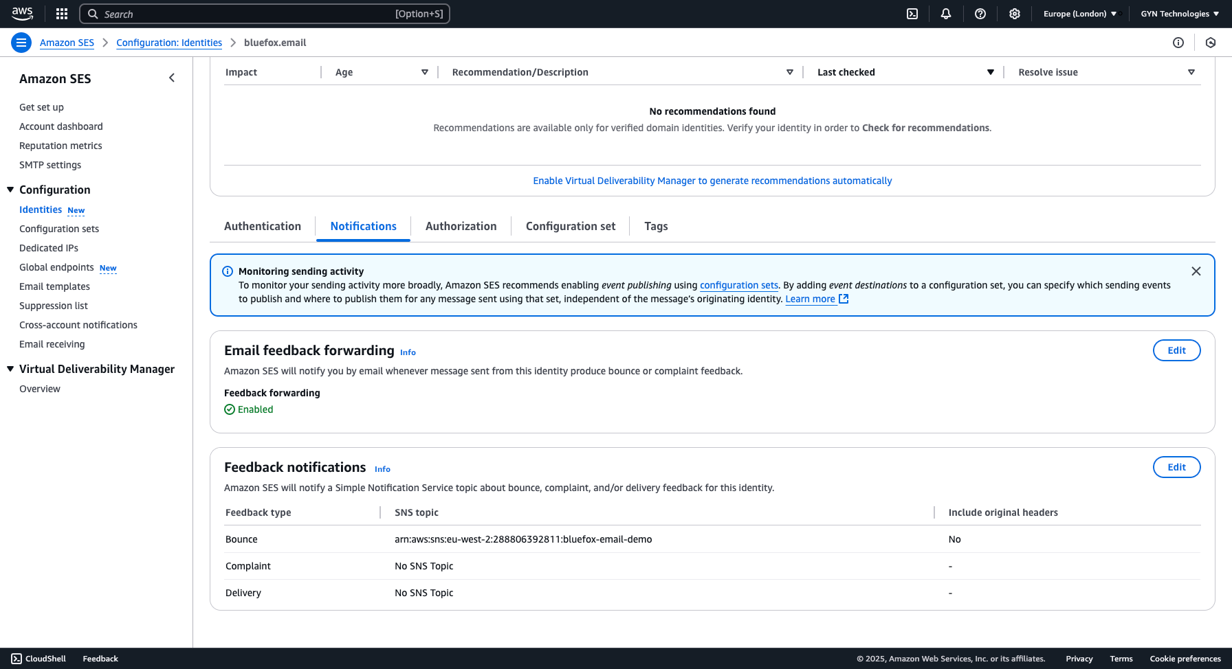 Disabling email feedback forwarding in AWS SES