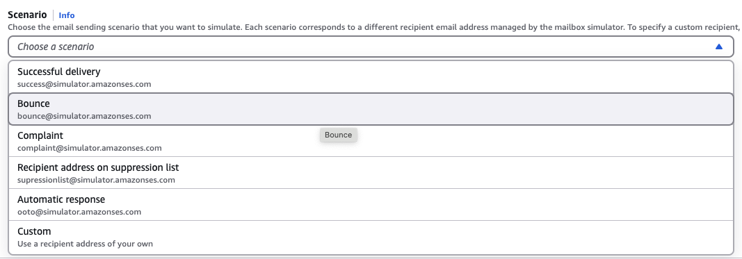 Selecting bounce scenario in AWS SES test email