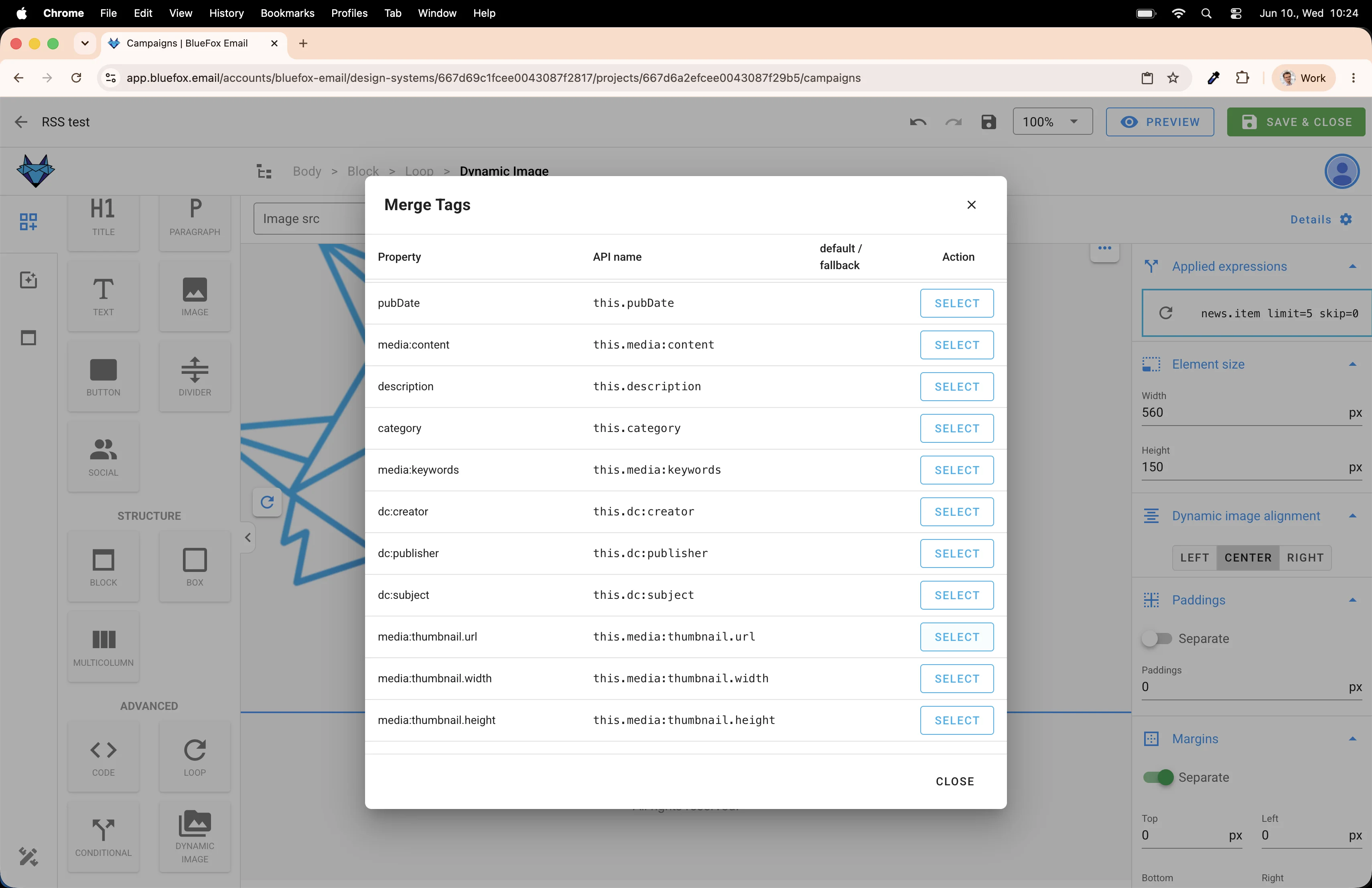 Select thumbnail merge tag
