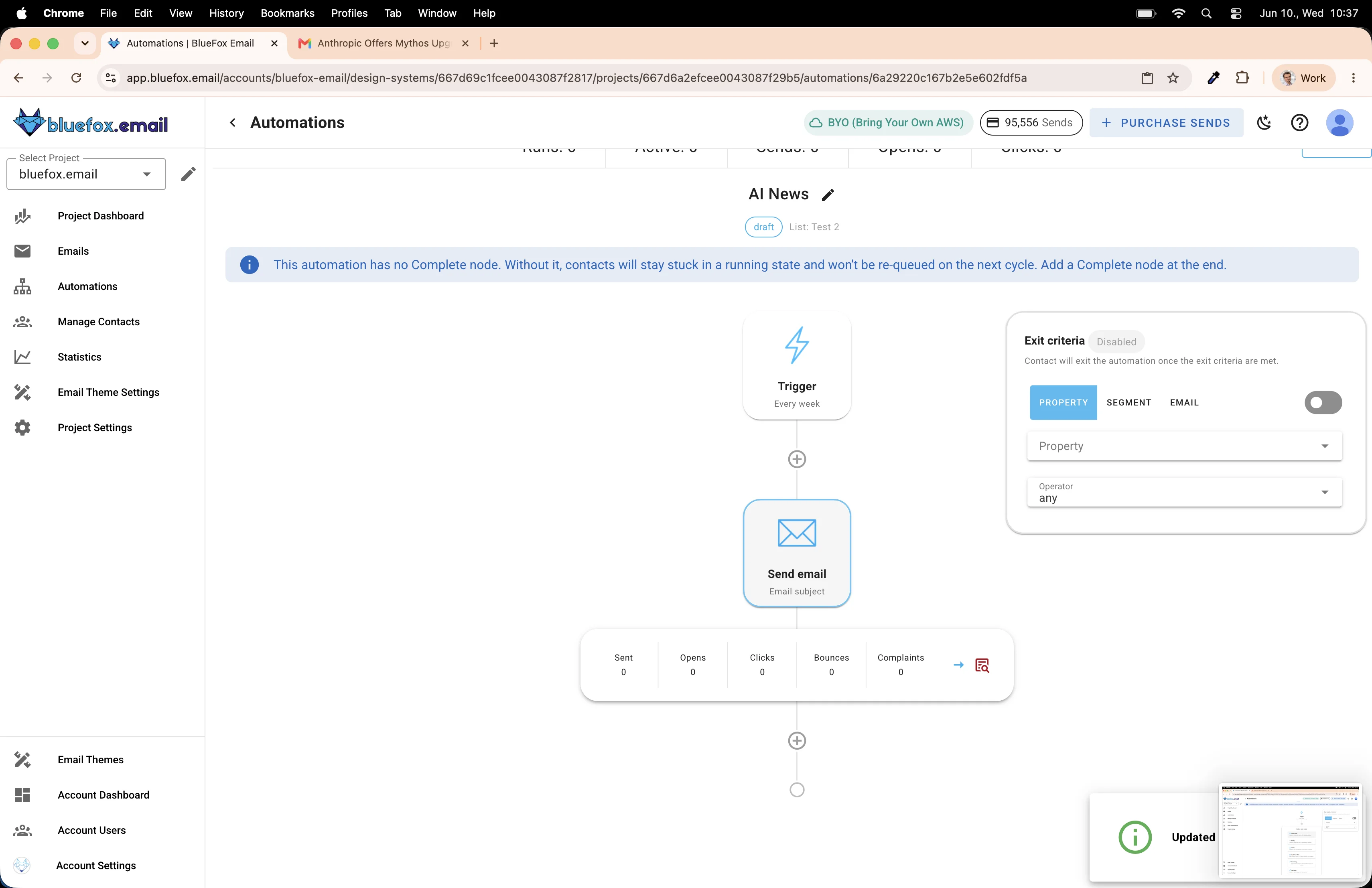Automation editor click on send email