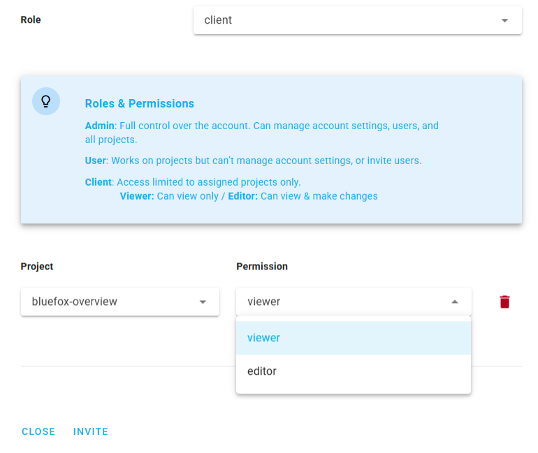 bluefox email client access level