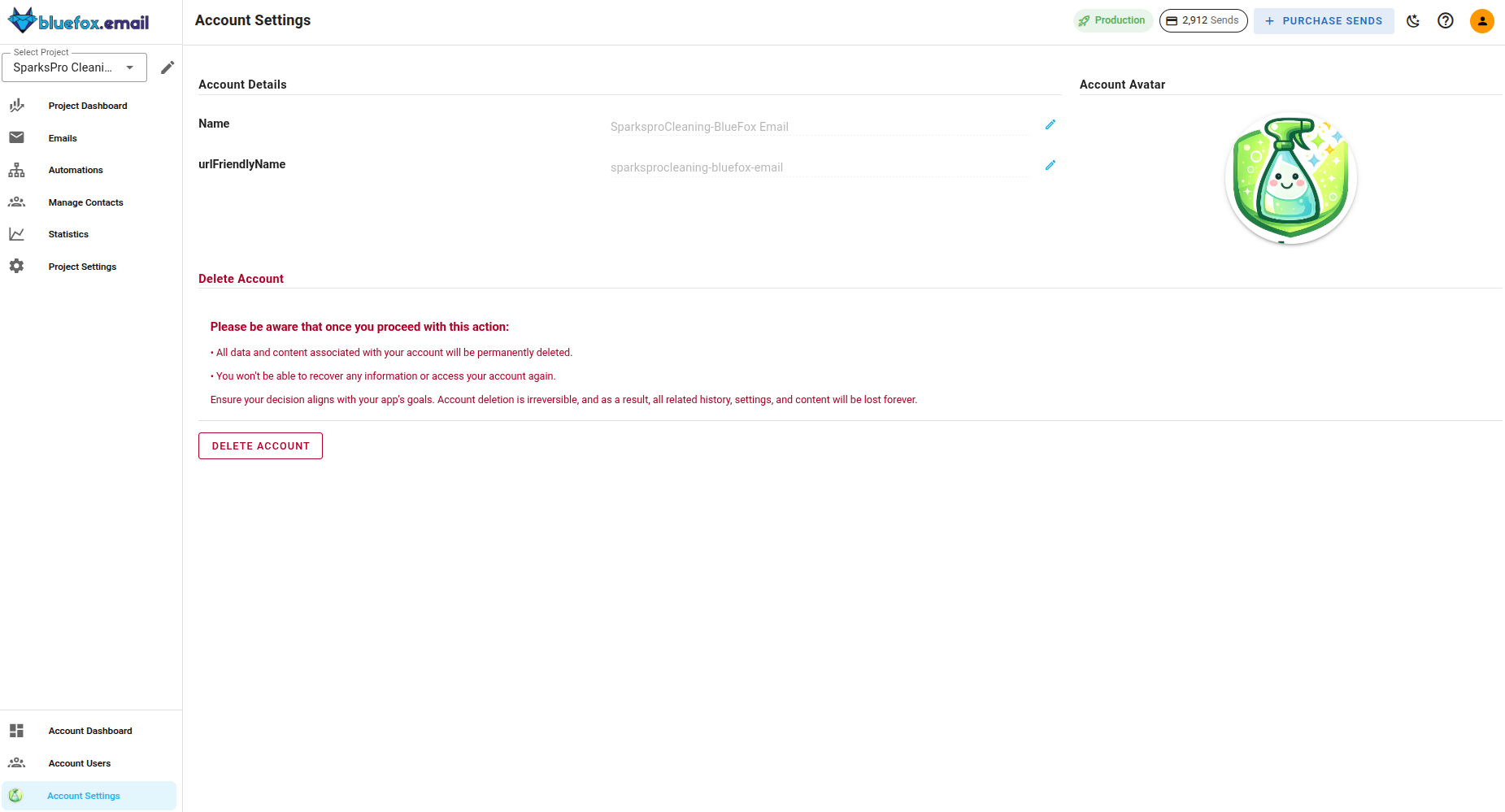 A screenshot of the account settings page.