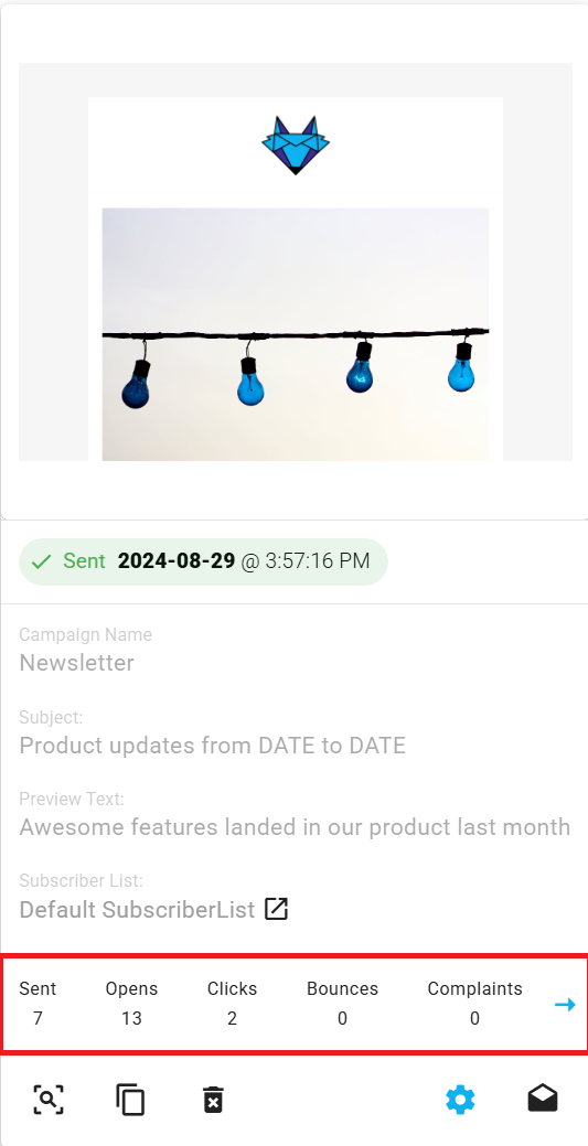 Analytics section on email cards