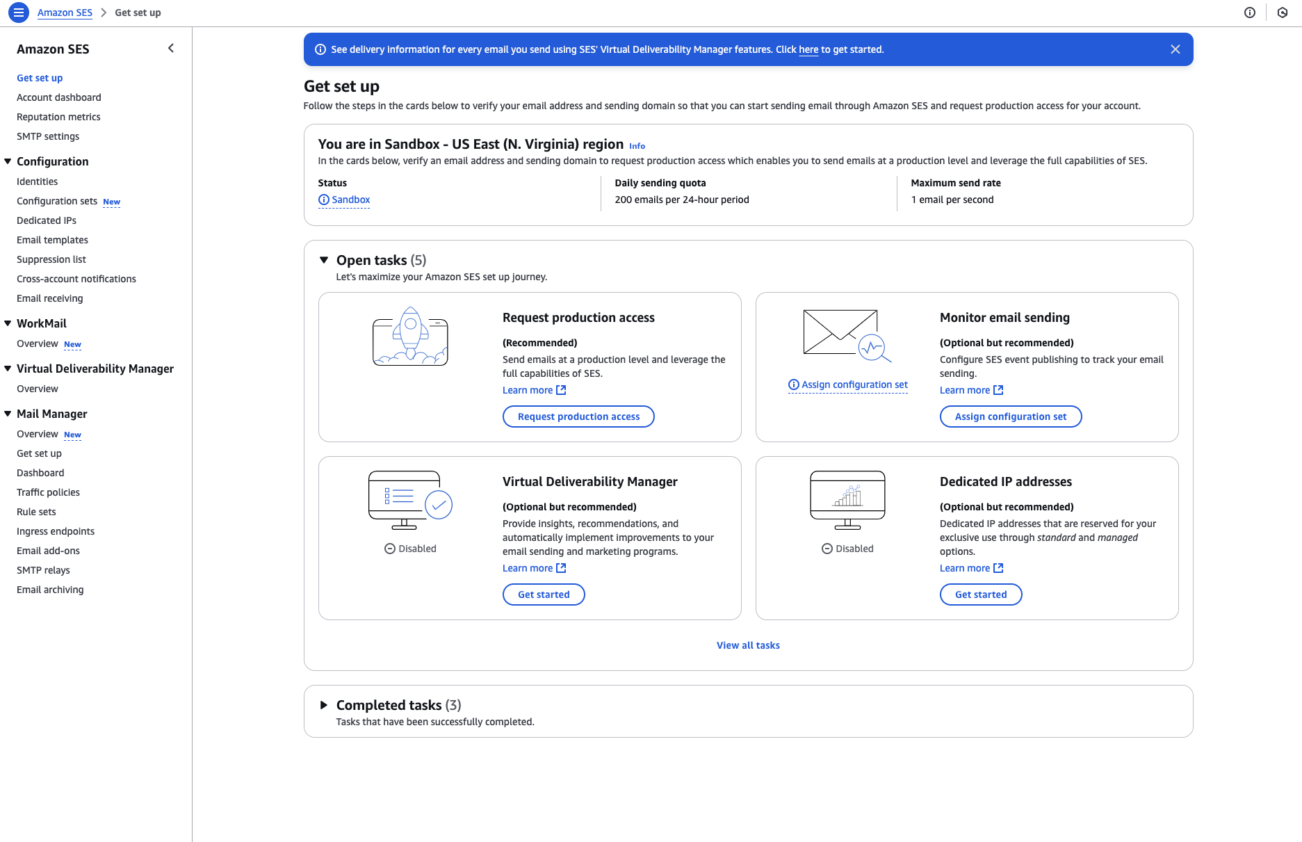 Amazon SES Get set up page listing outstanding account setup tasks
