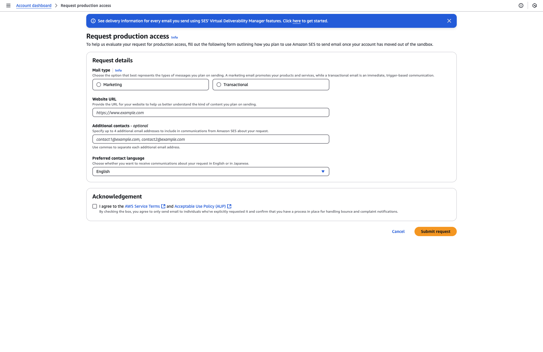 Amazon SES request production access form