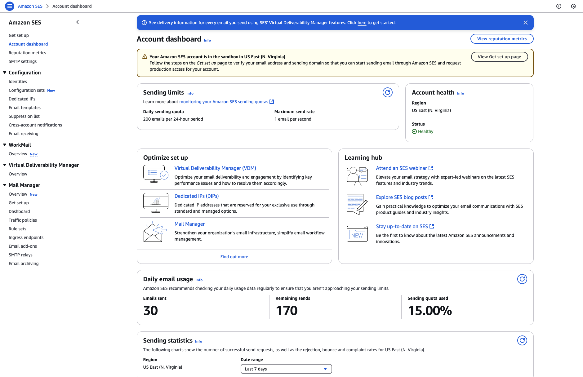 Amazon SES account dashboard showing the sandbox warning banner