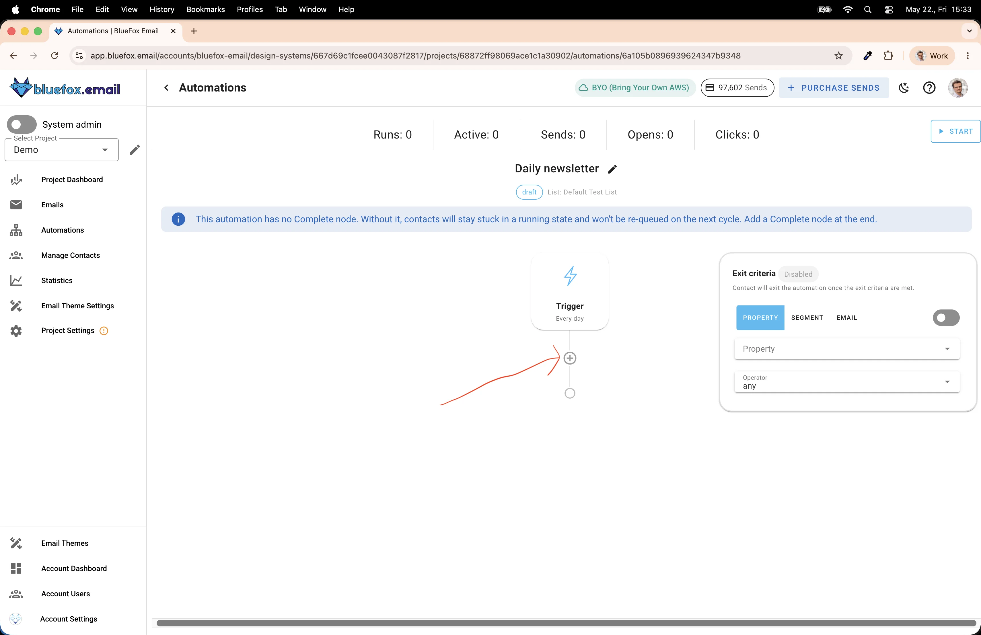 BlueFox Email automation canvas with warning about missing Complete node, arrow pointing to the plus button