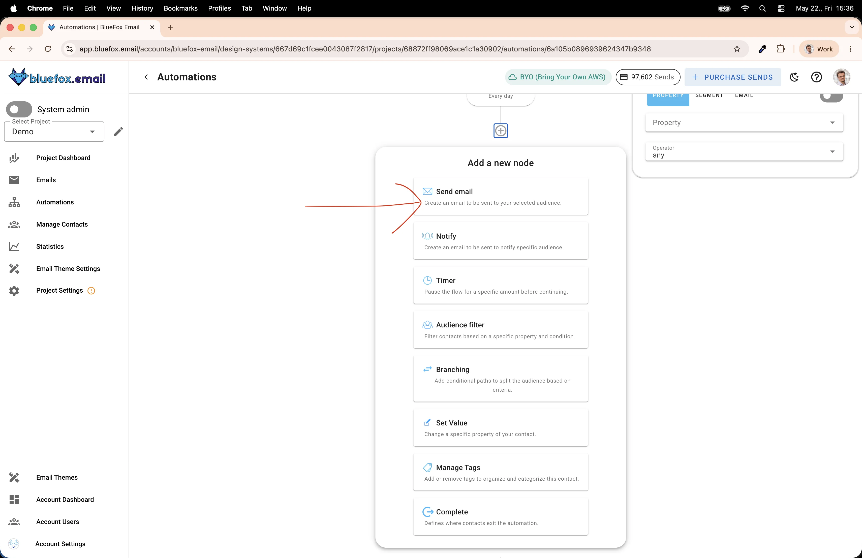 Node type list with the Send Email option highlighted