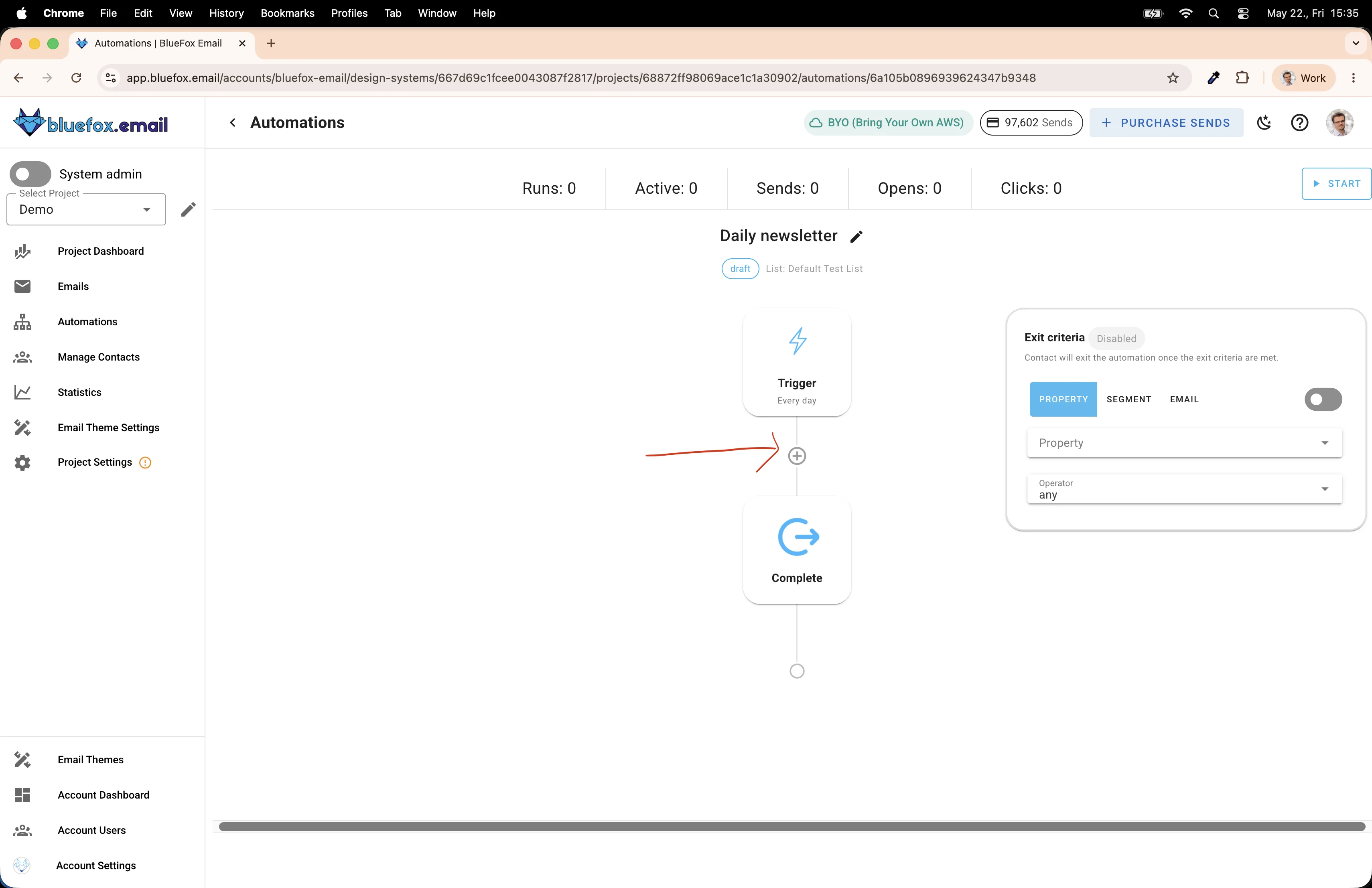 Automation canvas with Complete node added, showing the plus button between Trigger and Complete
