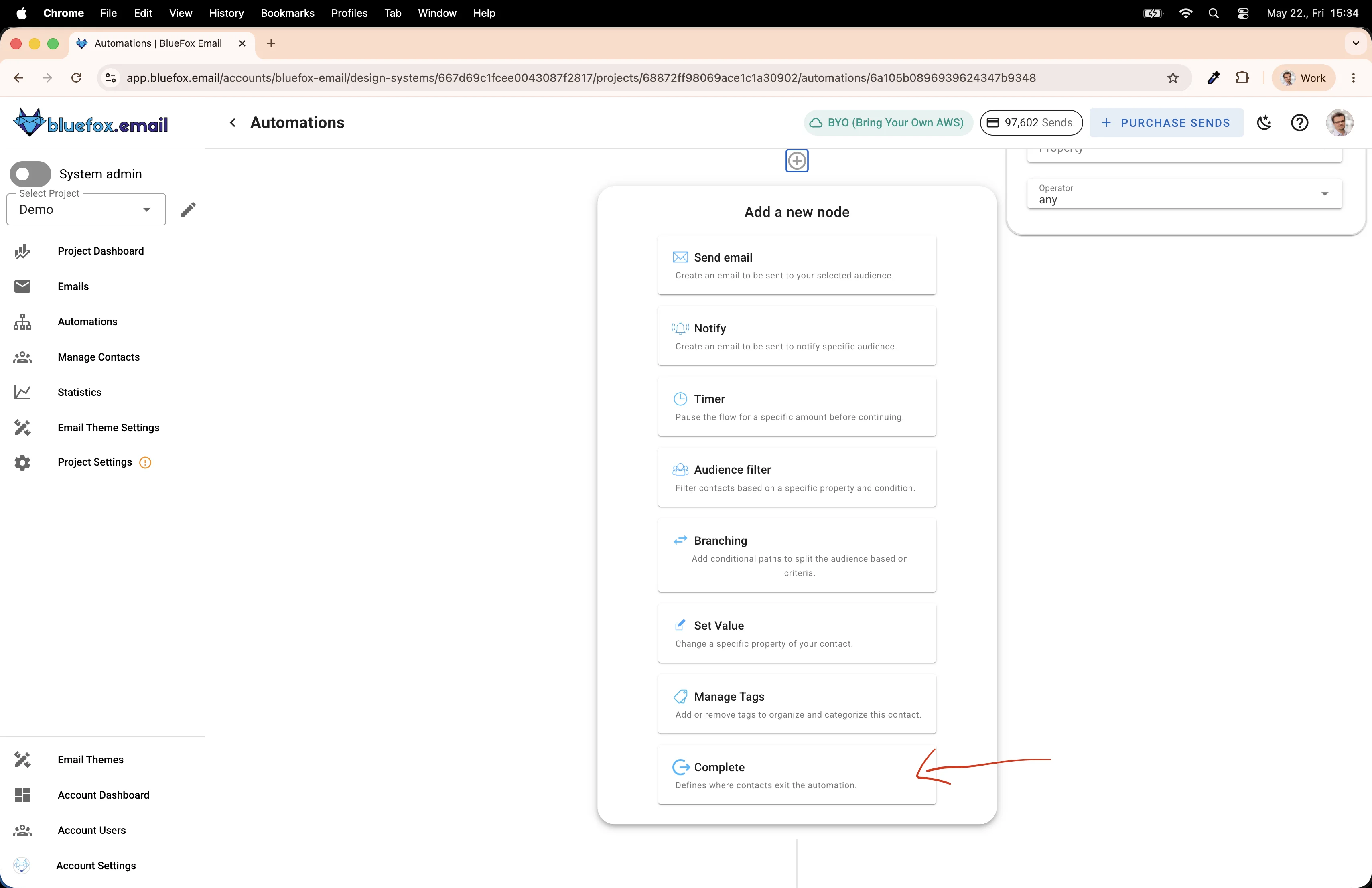 Node type list showing Complete at the bottom of the list