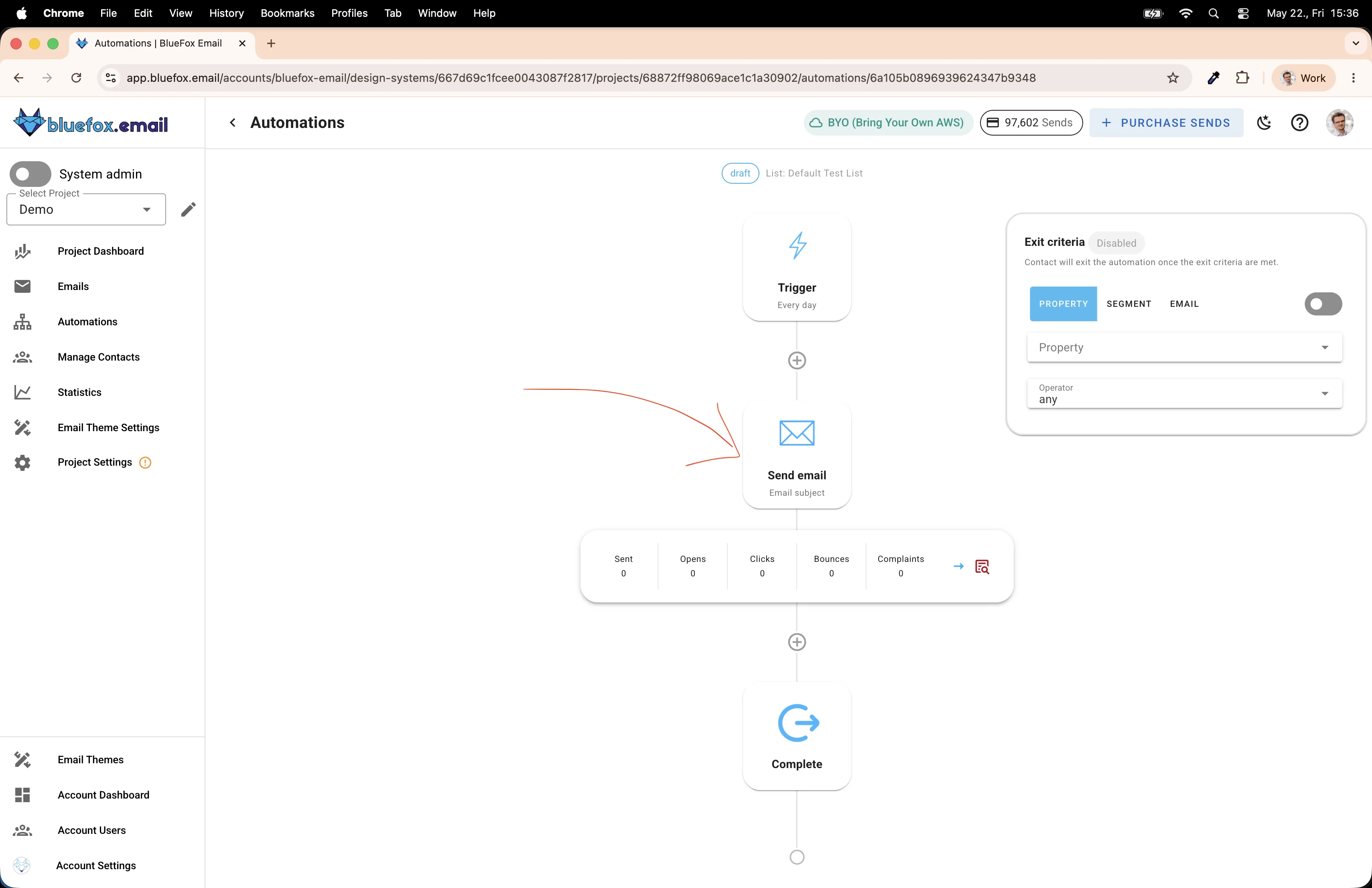 Automation canvas with Send Email node added between Trigger and Complete