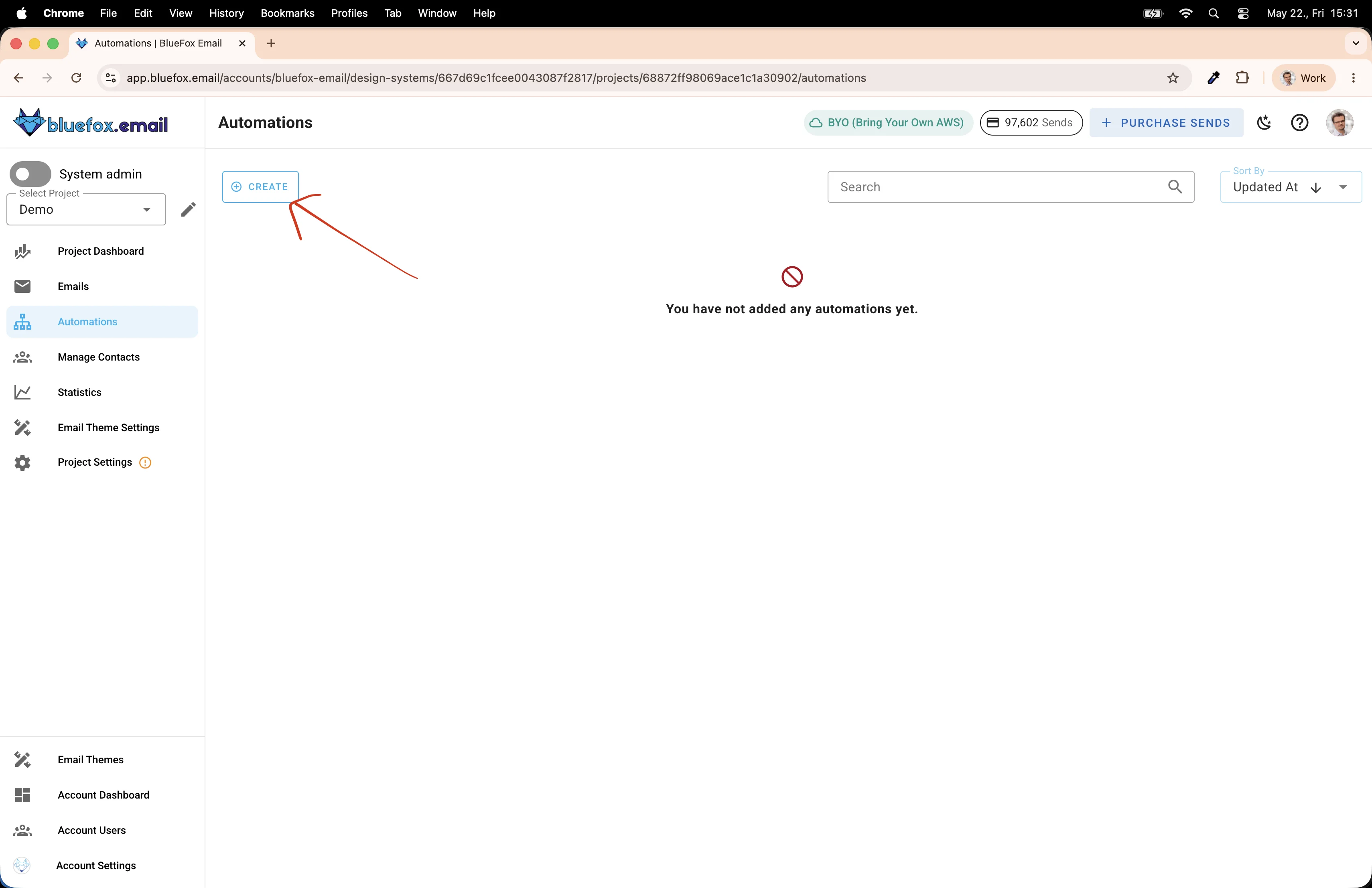BlueFox Email Automations page with the Create button highlighted