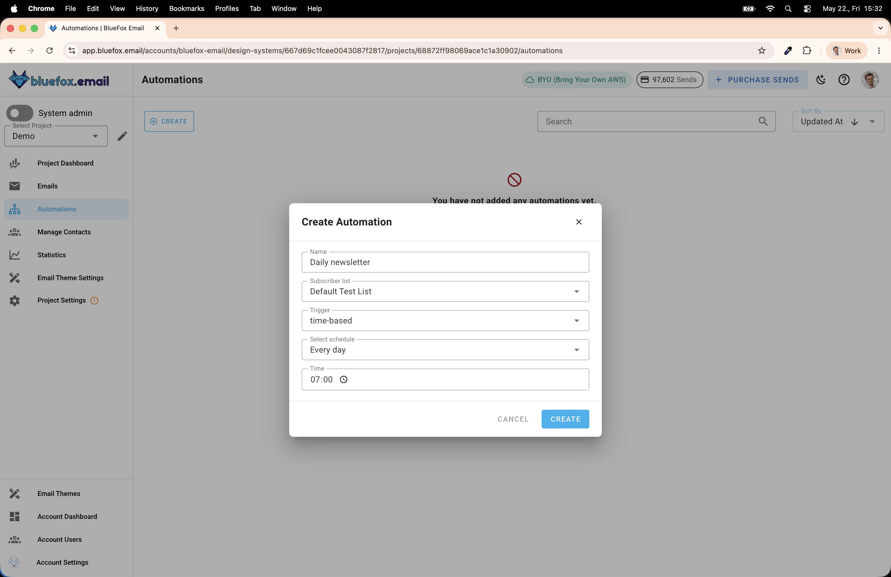 Create Automation dialog with time-based trigger configured for every day at 7 AM