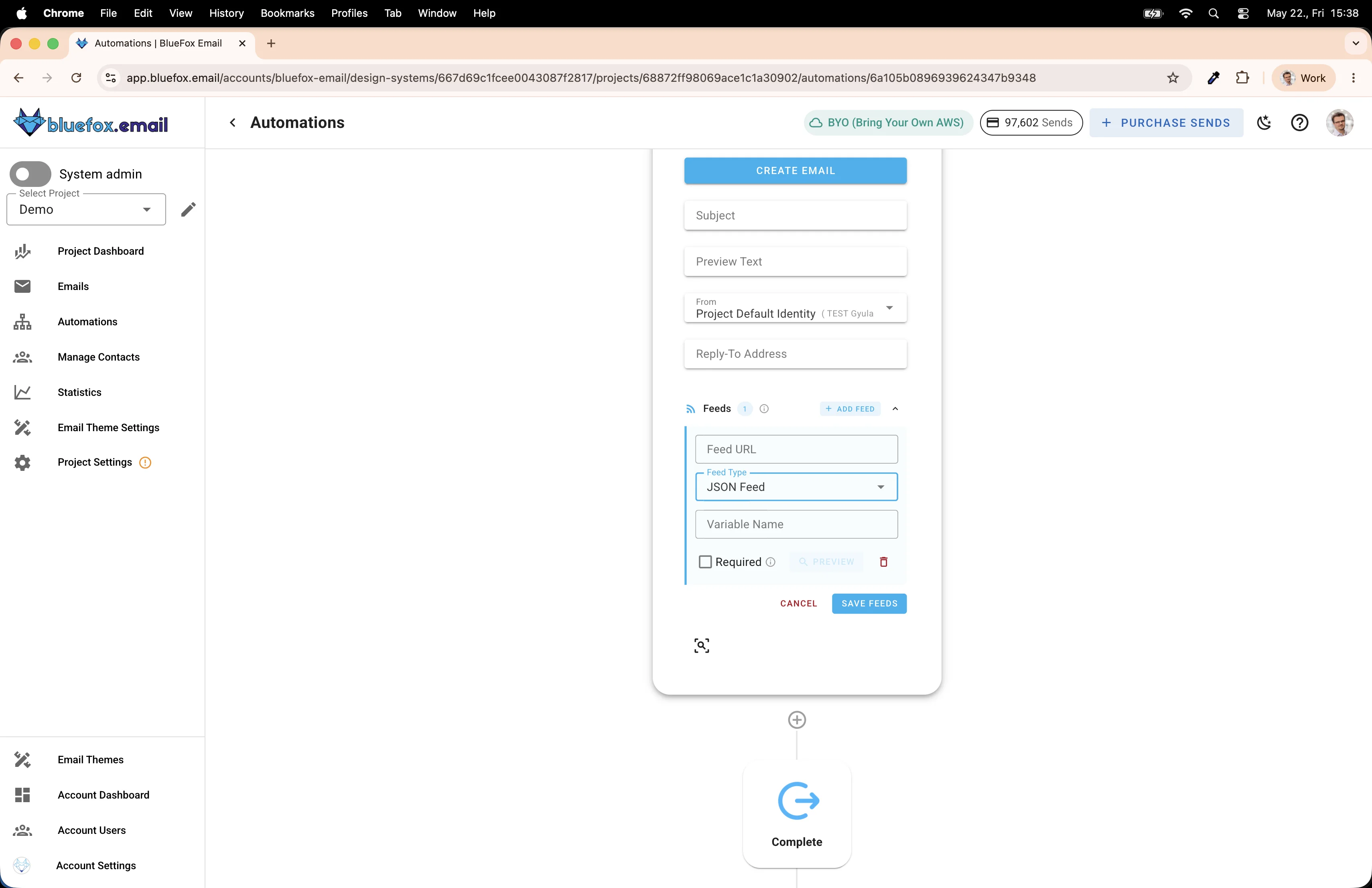 Send Email node Feeds section showing Feed URL, JSON Feed type, Variable Name, and Required fields