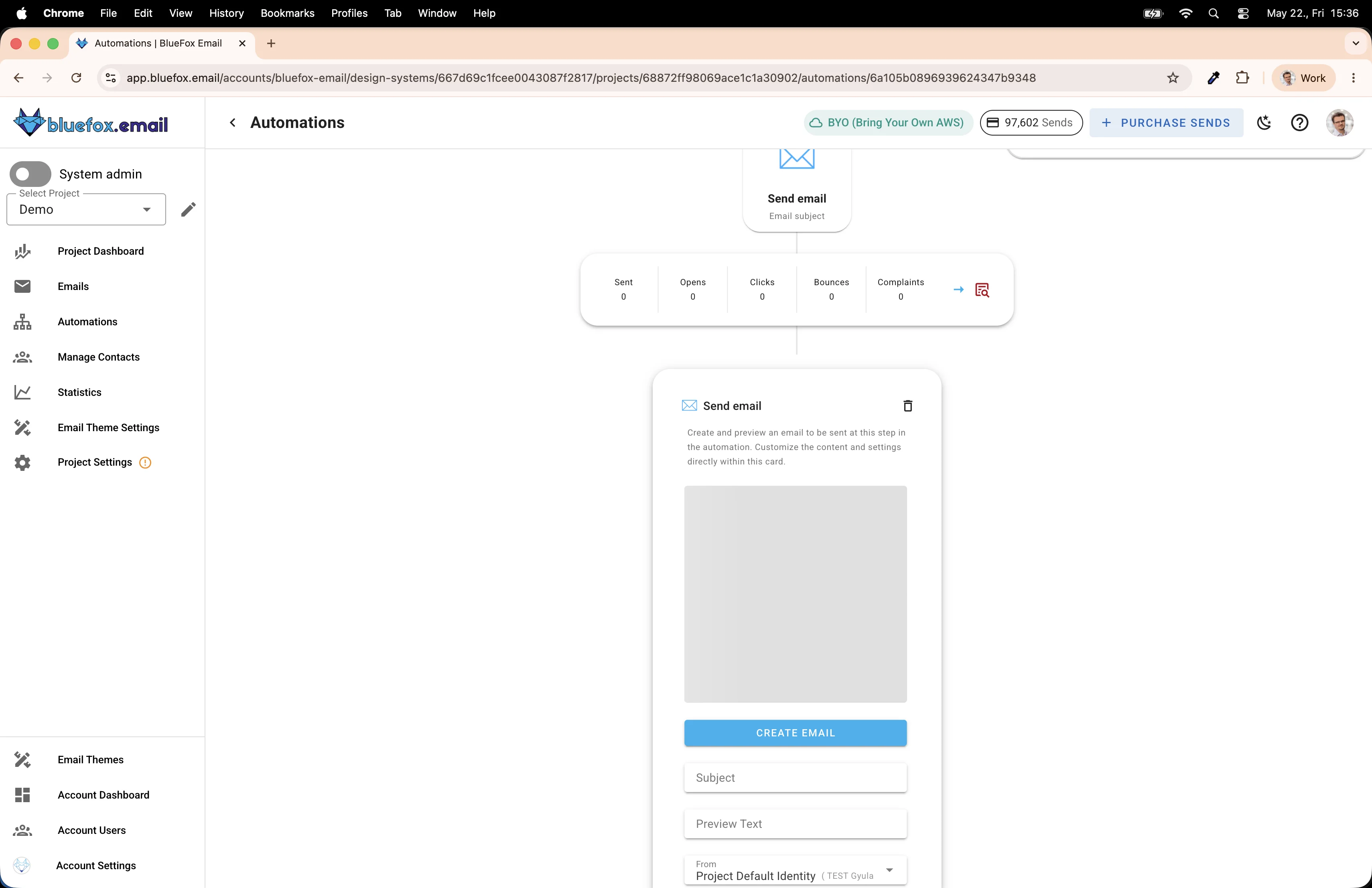 Send Email node expanded, showing Subject, Preview Text, and Create Email button
