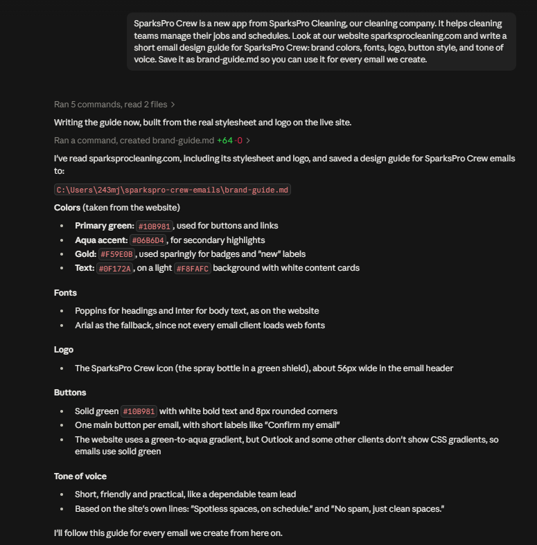 The AI agent summarizing the design guide it wrote from the website: colors, fonts, logo, buttons, and tone of voice.