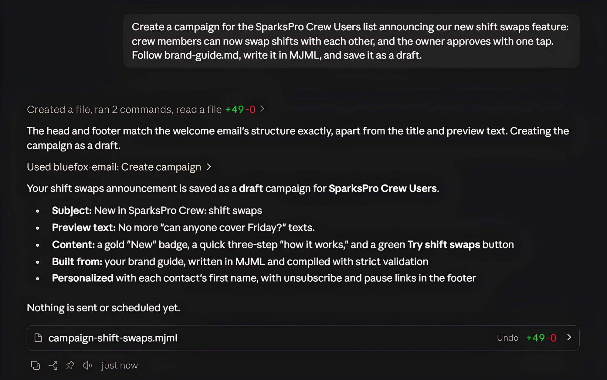 The AI agent saving the shift swaps announcement as a draft campaign.