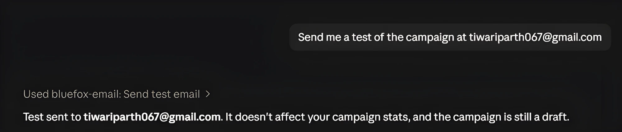 The AI agent confirming the test email was sent and the campaign is still a draft.