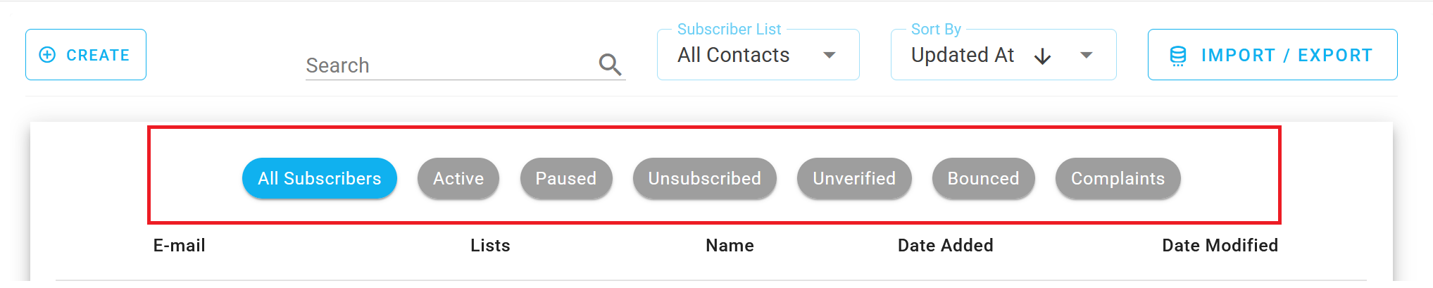 Screenshot of the contact filtration interface